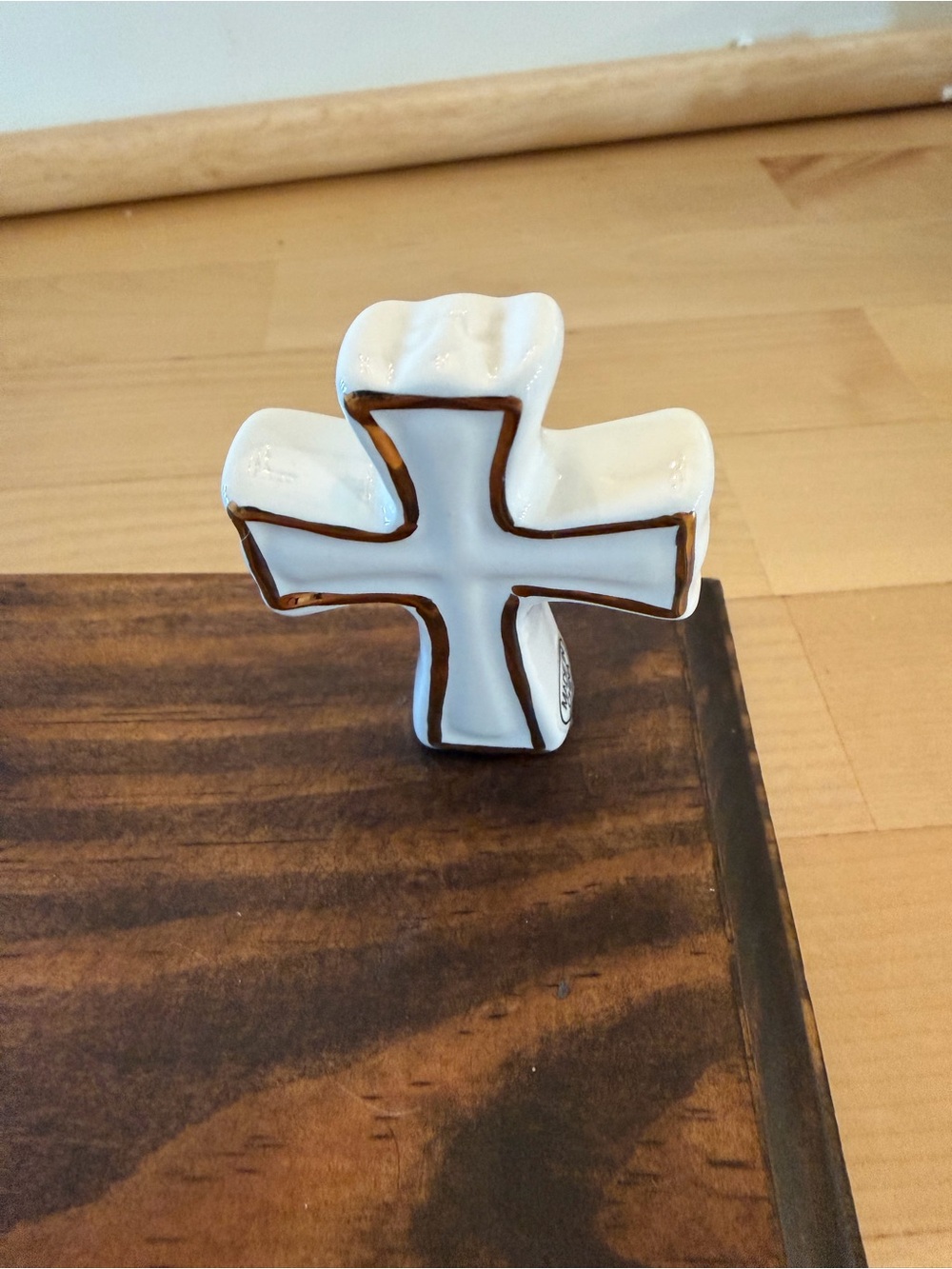 Nora Fleming White Ceramic Cross with Brown Trim mini